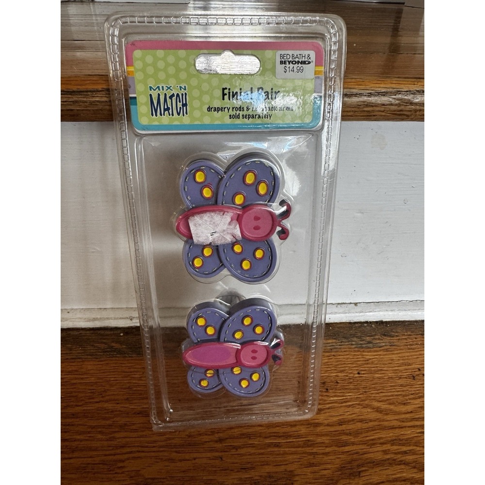 Kenney Mfg Co Butterfly Curtain‎ Rod Finials Set Of 2 Kids Room Purple NIP 2007